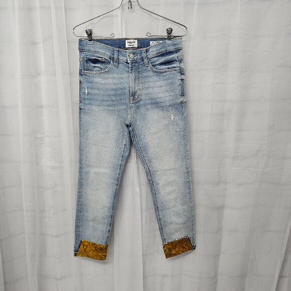 Kensie Blue Rustic Distressed Tapestry Cuff Boho Straight Leg Crop Jeans 4 - Picture 1 of 16